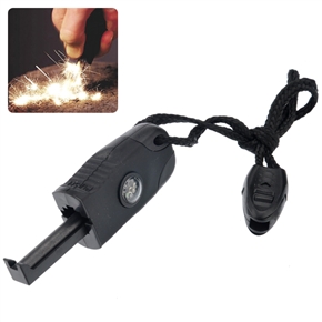 BuySKU68499 3-in-1 Outdoor Survival One-hand Magnesium Flint Stone Fire Starter Lighter with Whistle & Compass (Black)