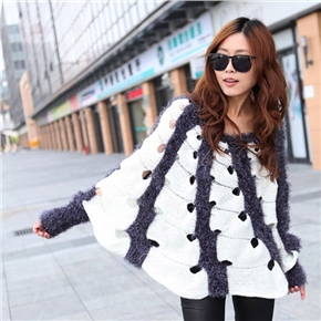 BuySKU68638 Fashion Spring Autumn Loose Hollow Fuzzy Bat Sleeve Pullover Knit Sweater for Women - Free Size