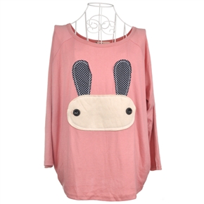 BuySKU68604 Fashion Women Autumn Cartoon Rabbit Pattern Round Collar Loose Bat Long Sleeve T-shirt - Free Size (Pink)
