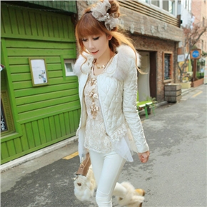 BuySKU68569 Fashion Women Autumn Pearl Decoration Collar Slim Lace Wadded Jacket Short Cotton-padded Coat Outwear - Size L (White)