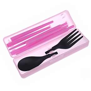BuySKU68158 Portable Tableware Kit Foldable Folk Spoon Chopsticks Set (Pink)