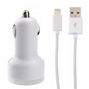 BuySKU68796 2-in-1 Dual USB Output Car Charger & 8pin USB Data Charging Cable Set for iPhone 5 /iPad mini /iPad 4 (White)