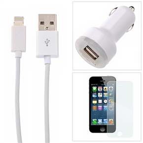 BuySKU69182 3-in-1 Dual-USB Car Charger & 8-pin USB Data Charging Cable & Transparent High-clear Screen Guard Set for iPhone 5