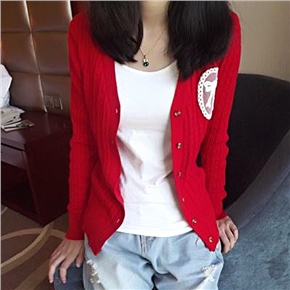 BuySKU68753 Casual Women Spring Autumn Long Sleeve V-neck Single-breasted Cardigan Knitted Sweater Outwear - Free Size (Red)