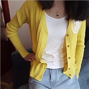 BuySKU68754 Casual Women Spring Autumn Long Sleeve V-neck Single-breasted Cardigan Knitted Sweater Outwear - Free Size (Yellow)