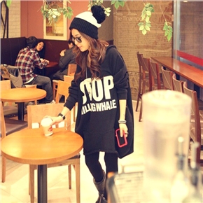 BuySKU68951 Fashion Women Spring Autumn Letter Pattern Long Sleeve Loose Long Hoodie Pullover Hooded Outerwear - Free Size (Black)