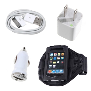 BuySKU66775 Mesh Style Sports Adjustable Armband & 3-in-1 Power Charger Adapter Kit for iPhone 4 /iPhone 4S (Black & White)