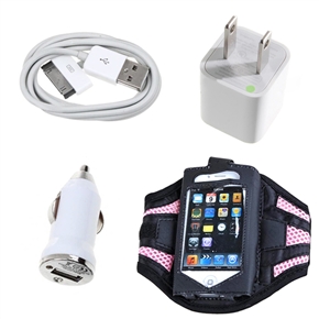 BuySKU66776 Mesh Style Sports Adjustable Armband & 3-in-1 Power Charger Adapter Kit for iPhone 4 /iPhone 4S (Pink & White)