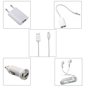 BuySKU69318 5-in-1 EU-plug AC Adapter & Car Charger with 8pin USB Cable /3.5mm Audio Splitter /3.5mm Earphones for iPhone 5 /iPod