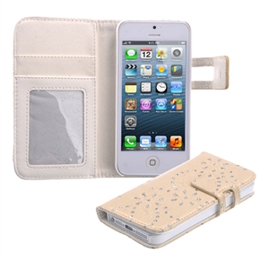 BuySKU69721 Beautiful Rhinestones Decorated Flower Pattern PU Protective Case Cover with Card Holder & Stand for iPhone 5 (Beige)