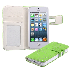 BuySKU69720 Beautiful Rhinestones Decorated Flower Pattern PU Protective Case Cover with Card Holder & Stand for iPhone 5 (Green)