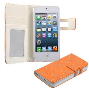 BuySKU69727 Beautiful Rhinestones Decorated Flower Pattern PU Protective Case Cover with Card Holder & Stand for iPhone 5 (Orange)