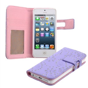 BuySKU69725 Beautiful Rhinestones Decorated Flower Pattern PU Protective Case Cover with Card Holder & Stand for iPhone 5 (Purple)