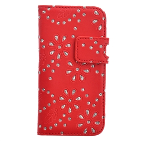 BuySKU69723 Beautiful Rhinestones Decorated Flower Pattern PU Protective Case Cover with Card Holder & Stand for iPhone 5 (Red)