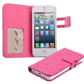 BuySKU69728 Beautiful Rhinestones Decorated Flower Pattern PU Protective Case Cover with Card Holder & Stand for iPhone 5 (Rosy)