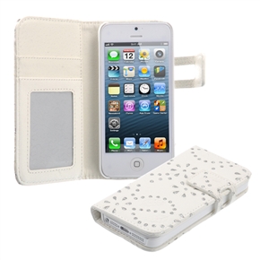 BuySKU69719 Beautiful Rhinestones Decorated Flower Pattern PU Protective Case Cover with Card Holder & Stand for iPhone 5 (White)