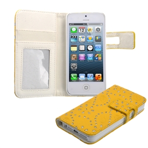 BuySKU69726 Beautiful Rhinestones Decorated Flower Pattern PU Protective Case Cover with Card Holder & Stand for iPhone 5 (Yellow)
