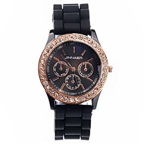 BuySKU69595 Fashion Rhinestones Decorated Round Case Soft Silicone Band Women's Quartz Wrist Watch (Black)