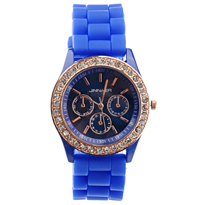 BuySKU69593 Fashion Rhinestones Decorated Round Case Soft Silicone Band Women's Quartz Wrist Watch (Blue)