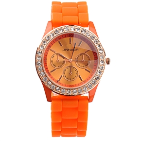 BuySKU69592 Fashion Rhinestones Decorated Round Case Soft Silicone Band Women's Quartz Wrist Watch (Orange)