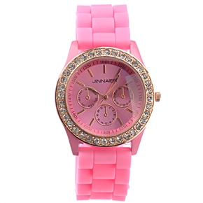 BuySKU69590 Fashion Rhinestones Decorated Round Case Soft Silicone Band Women's Quartz Wrist Watch (Pink)