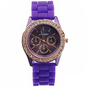 BuySKU69589 Fashion Rhinestones Decorated Round Case Soft Silicone Band Women's Quartz Wrist Watch (Purple)