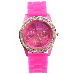 BuySKU69588 Fashion Rhinestones Decorated Round Case Soft Silicone Band Women's Quartz Wrist Watch (Rosy)