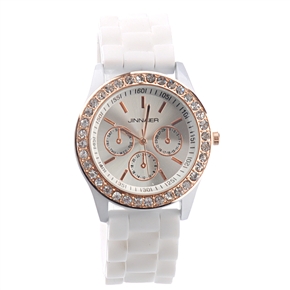 BuySKU69594 Fashion Rhinestones Decorated Round Case Soft Silicone Band Women's Quartz Wrist Watch (White)