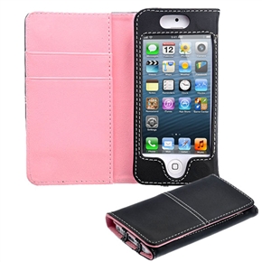 BuySKU69749 Left-right Open Style PU Protective Case Cover with Card Holders & Magnetic Closure for iPhone 5 (Pink)