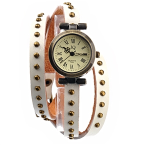 BuySKU69408 Retro Style Round Rivets Decorated Soft PU Band Women's Quartz Wrist Watch with Round Case (White)