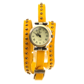 BuySKU69404 Retro Style Round Rivets Decorated Soft PU Band Women's Quartz Wrist Watch with Round Case (Yellow)
