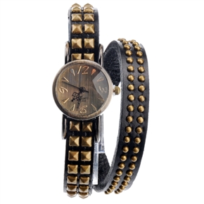 BuySKU69395 Retro Style Round & Square Rivets Decorated Soft PU Band Women's Quartz Wrist Watch with Round Case (Black)