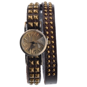 BuySKU69391 Retro Style Round & Square Rivets Decorated Soft PU Band Women's Quartz Wrist Watch with Round Case (Coffee)