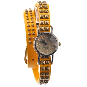 BuySKU69394 Retro Style Round & Square Rivets Decorated Soft PU Band Women's Quartz Wrist Watch with Round Case (Yellow)