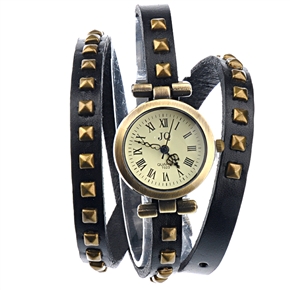 BuySKU69389 Retro Style Square Rivets Decorated Soft PU Band Women's Quartz Wrist Watch with Round Case (Black)