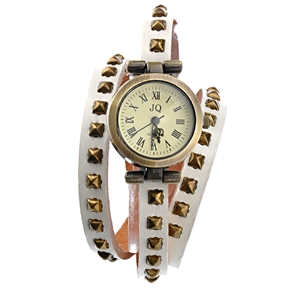 BuySKU69385 Retro Style Square Rivets Decorated Soft PU Band Women's Quartz Wrist Watch with Round Case (White)