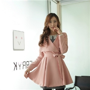 BuySKU69704 Women Autumn Winter Turn-down Collar Slim-fitting Woolen Outerwear Coat with Waist Belt - Size S (Pink)