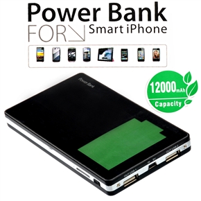 12000mAh Portable Mobile Power Bank Emergency Charger with Double USB Output for iPad iPhone iPod HTC BlackBerry (Black)