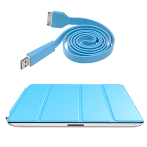 BuySKU67956 2-in-1 Ultra-thin Smart PU Cover & 1M Flat Noodle Style USB Data Charging Cable Set for The new iPad - 2 pcs/set (Blue)