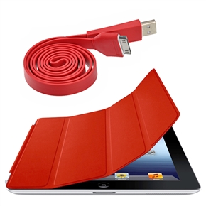 BuySKU67957 2-in-1 Ultra-thin Smart PU Cover & 1M Flat Noodle Style USB Data Charging Cable Set for The new iPad - 2 pcs/set (Red)