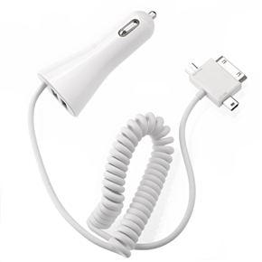 BuySKU67727 3-in-1 Retractable Wired Smart Car Charger wtih Dual USB Outputs for iPad /iPhone /iPod /Nokia /Samsung /HTC /LG (White)