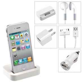BuySKU67292 5-in-1 Car Charger & US-plug Power Adapter & Charging Dock Kit with USB Cable & 3.5mm Earphones for iPhone 4 /iPhone 4S
