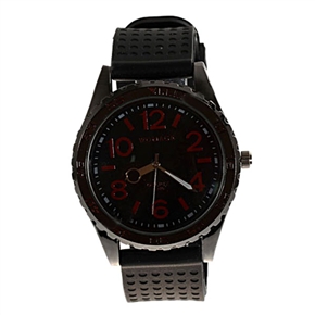 BuySKU58014 Fashionable Gear-shaped Bezel Red Hour Marks Round Dial Quartz Wrist Watch with Silicone Rubber Band (Black)