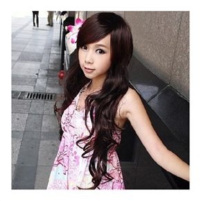 BuySKU62352 Fashionable Lady Long Curly Wig Hair with Inclined Bang (Deep Maroon)