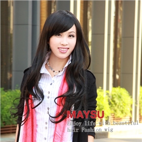 BuySKU62317 Fashionable Lady Long Curly Wig Hair with Inclined Bang (Natural Black)