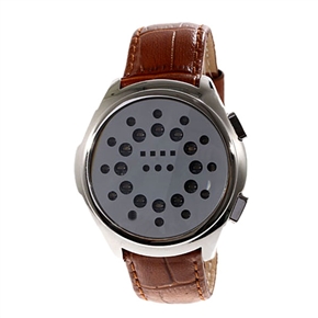 BuySKU57959 Fashionable Round Case LED Wrist Watch with Blue LED light & PU Leather Band (Brown)