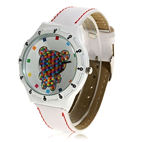 BuySKU58018 Leather Watchband Quartz Watch with Lovely Little Bear Pattern (White)