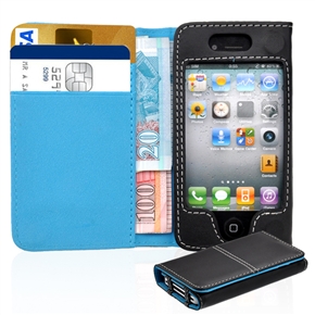 BuySKU64304 Left-right Open Protective PU Case Cover with Card Holder for iPhone 4 /iPhone 4S (Blue)