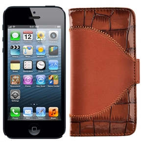 BuySKU67697 Left-right Open Style Crocodile Skin PU Protective Case with Card Holders & Inner Hard Back Case for iPhone 5 (Brown)