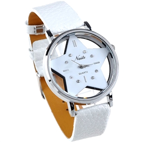BuySKU58115 Naite Star Style Woman Watch Quartz Watch Wristwatch with Star Dial and Leather Band (White)